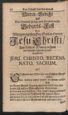 Hirten-Gedicht Auff Das ... Geburts-Fest Des Allergetreuesten Erz-Seelen-Hirten Jesu Christi ...