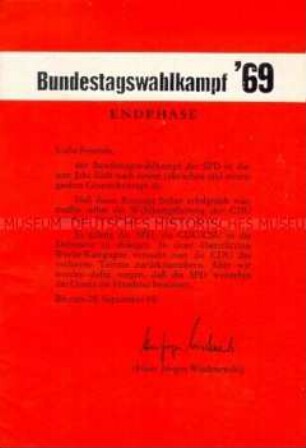Informationsschrift der SPD über Wahlkampfmaterialien für die Bundestagswahl 1969