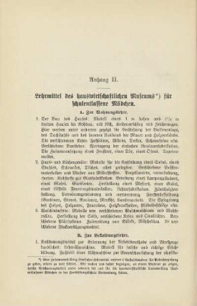 Anhang II. Lehrmittel des hauswirtschaftlichen Museums für schulentlassene Mädchen