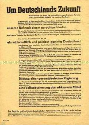 Flugblatt mit dem Wortlaut der Entschließung des Demokratischen Blocks Sachsen zur Londoner Konferenz der Außenminister der Alliierten