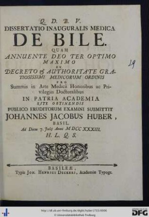 Dissertatio Inauguralis Medica : De Bile