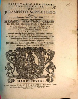 Disp. iur. inaug. de iuramento suppletorio