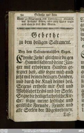 Gebethe zu dem heiligen Sakrament.
