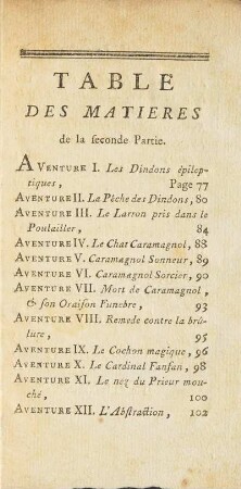 Table des Matieres de la seconde Partie