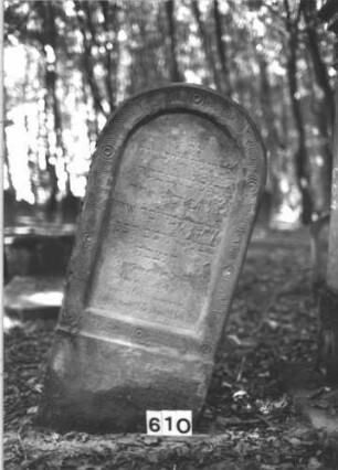 Grabstein 610 (Index: 99900679) Material: Sandstein Zustand: stark verwittert Maße HxBxT: 126x56x13 cm Beschreibung: Stele mit Rundbogenabschluss, umlaufendes Scheibenfries Symbolik: Scheibenfries: Grabstein 610