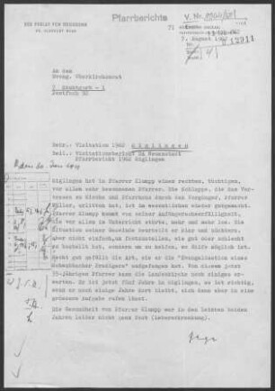 Siglingen mit Kreßbach (Neudenau) und Reichertshausen sowie Diaspora in Herbolzheim (Neudenau) und Neudenau (beide badisch): Visitationsbericht mit Pfarrbericht 1962