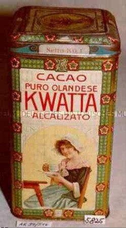 Blechdose für "CACAO PURO OLANDESE KWATTA ALCALIZATO" (Abbildung einer jungen Holländerin, Kakao trinkend)