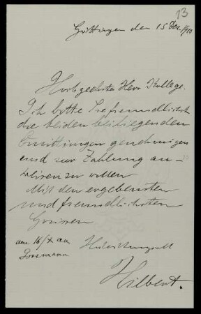Nr. 13: Brief von David Hilbert an Ernst Heinrich Ehlers, Göttingen, 15.12.1910