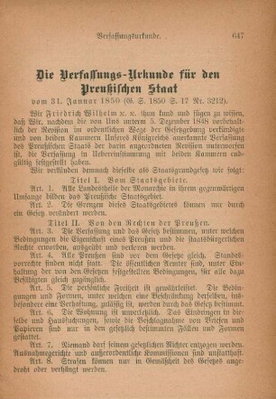 Die Verfassungs-Urkunde für den Preußischen Staat vom 31. Januar 1850.