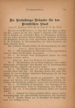 Die Verfassungs-Urkunde für den Preußischen Staat vom 31. Januar 1850.