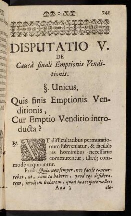 741-742, Disputatio V. De Causa finali Rmptionis Venditionis.