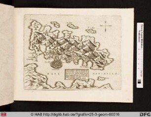 Landkarte mit Stadtansicht von Korcula/Corzola und Umgebung.