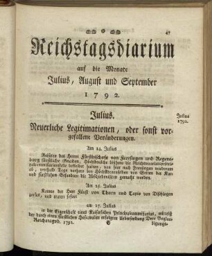 Reichstagsdiarium auf die Monate Julius, August und September 1792.