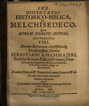 Dissertatio Historico-Biblica, De Melchisedeco