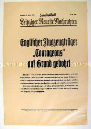 Sonderblatt der "Leipziger Neuesten Nachrichten" zur Versenkung eines britischen Kriegsschiffes