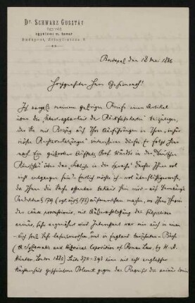 Bl. 16-17: Brief von Gustav Schwarz an Rudolf von Jhering, Budapest, 18.5.1886