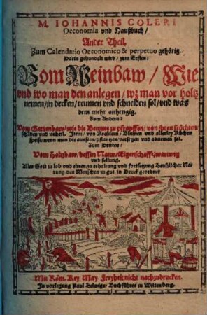Oeconomia Oder Hausbuch, M. Johannis Coleri ... Theil : Zum Calendario Oeconomico & perpetuo gehörig, 2