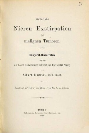 Ueber die Nieren-Exstirpation bei malignen Tumoren