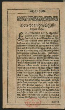 Vorrede an den Christlichen Leser.