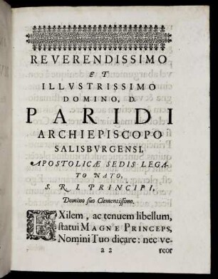 Reverendissimo ... Domino Paridi Archiepiscopo Salisburgensi ...