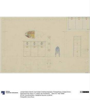 Darmstadt, Dreihäusergruppe, Predigerhaus, Erdgeschoss, Speisezimmer, Raum 31, Aufriss der Nordwand und Grundrisse der Schränke
