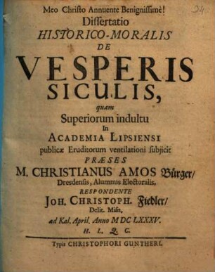 Dissertatio Historico-Moralis De Vesperis Siculis