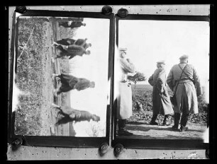 2 Bilder: 1. Vorbeimarsch von Soldaten 2. Drei Offiziere (?)