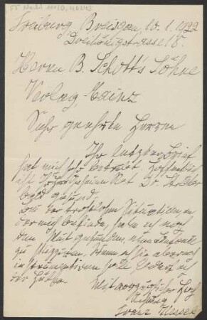 Brief an B. Schott's Söhne : 10.01.1922