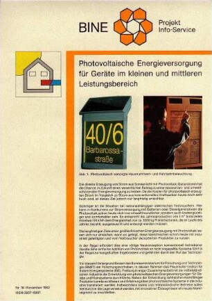 Photovoltaische Energieversorgung für Geräte im kleinen und mittleren Leistungsbereich.