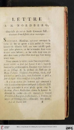 Lettre a M. Nordberg, Chapelain du roi de Suède Charles XII, et auteur d'une histoire de ce monarque