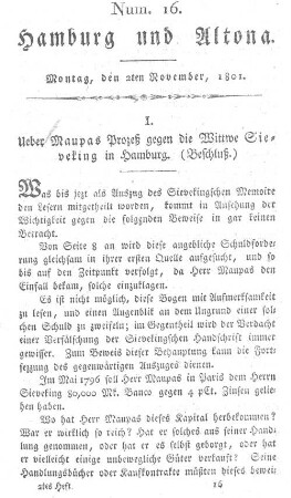 I. Ueber Maupas Prozeß gegen die Wittwe Sieveking in Hamburg. (Beschluß.)