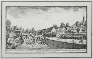 Prospect , in Plauischen Grunde bey Dresden gegen Reisewitzens Garthen Hoffmühle, Plauische Kirche, den Holz Flössen Steg, Brücke über die Weißeritz