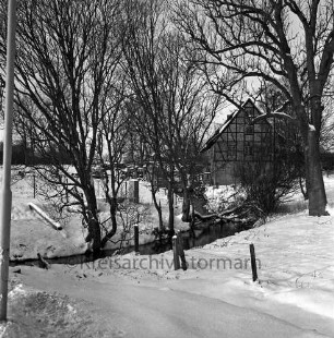 Mühlenbach: vorn Weg mit Zaun: dahinter Bäume: hinten rechts Drahtmühle: Winter