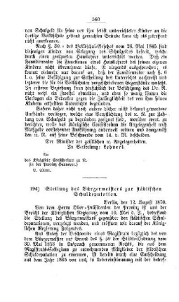 Stellung des Bürgermeisters zur städtischen Schuldeputation : [IV. Elementarschulwesen]