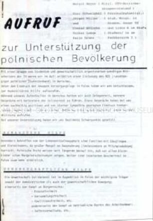Flugschrift mit einem Aufruf zur Unterstützung von Solidarnosc nach dem Militärputsch in Polen 1980