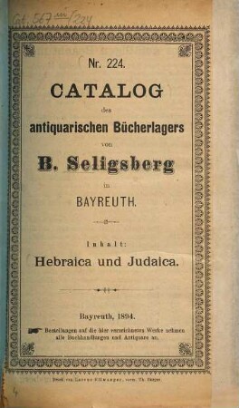 Antiquariats-Katalog. 224. 1894