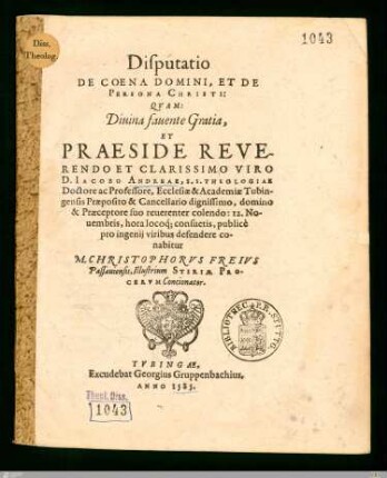 Disputatio De Coena Domini, Et De Persona Christi