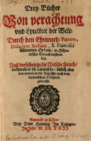 Drey Bücher von Verachtung der Welt