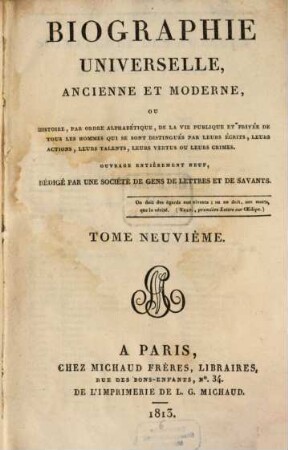 Biographie universelle, ancienne et moderne : ou histoire, par ordre alphabétique, de la vie publique et privée de tous les hommes qui se sont fait remarquer par leurs écrits, leurs actions, leurs talents, leurs vertus ou leurs crimes, 9. Cl - Co