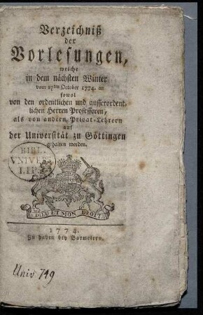WS 1774: Verzeichnis der Vorlesungen // Georg-August-Universität Göttingen