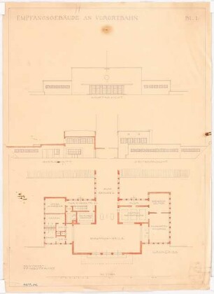 Empfangsgebäude an einer Vorortbahn Monatskonkurrenz Mai 1929: Grundriss Erdgeschoss, Aufriss Vorderansicht, Seitenansicht, Querschnitt 1:100; Maßstabsleiste