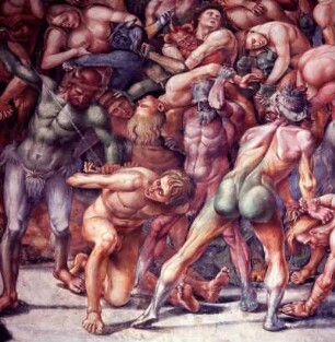 Die Verdammten. Cappella Nuova, heute Cappella della Madonna di San Brizio : Orvieto, Dom Santa Maria Assunta, Cappella Nuova, heute: Cappella della Madonna di San Brizio. Ausschnitt aus dem Fresko Höllenqualen der Verdammten