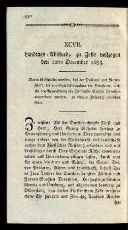 XCVII. Landtags-Abschied, zu Zelle vollzogen den 12ten December 1683.