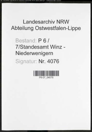 Sterberegister Standesamt Winz - Niederwengern