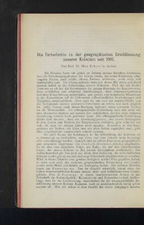 Die Fortschritte in der geographischen Erschliessung unserer Kolonien seit 1907.