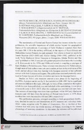 10: [Rezension zu: Mateusz Bogucki (Hrsg.), Frühmittelalterliche Münzfunde aus Polen. Inventar. Bd. IV: Frühmittelalterliche Münzfunde aus Kleinpolen; Frühmittelalterliche Münzfunde aus Schlesien]