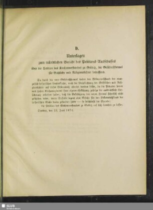 D. Unterlagen zum mündlichen Bericht des Petitions-Ausschusses über die Petition des Kirchenvorstandes zu Gröditz, die Gelöbnißformel für Geistliche und Religionslehrer betreffend