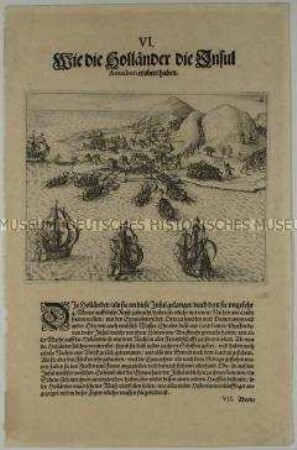 Wie die Holländer die Insel Annobón erobert haben - Tafel 74 aus de Bry, India II