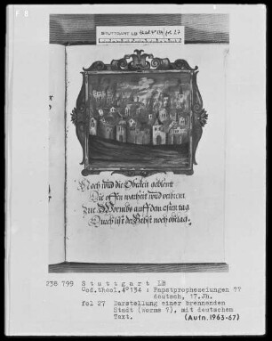 Flugschrift mit Illustrationen aus den Papstprophezeiungen mit antipäpstlichen Spottversen — Die brennende Stadt Worms, Folio 27recto