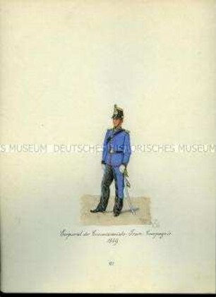 Uniformdarstellung, Korporal der Kommissariats-Train-Kompanie, 1859. Aus: Sammelmappe "Sachsens Militär", Königliche Arsenalsammlung.